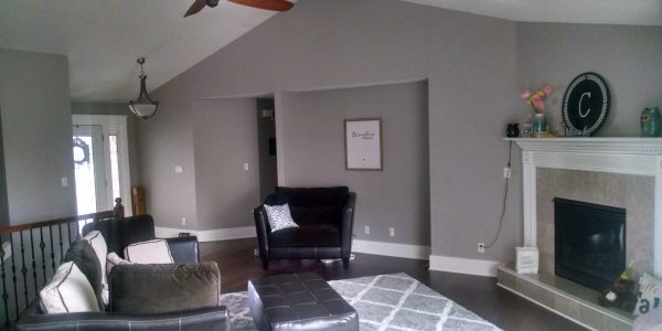 Gray ranch living room with white trim